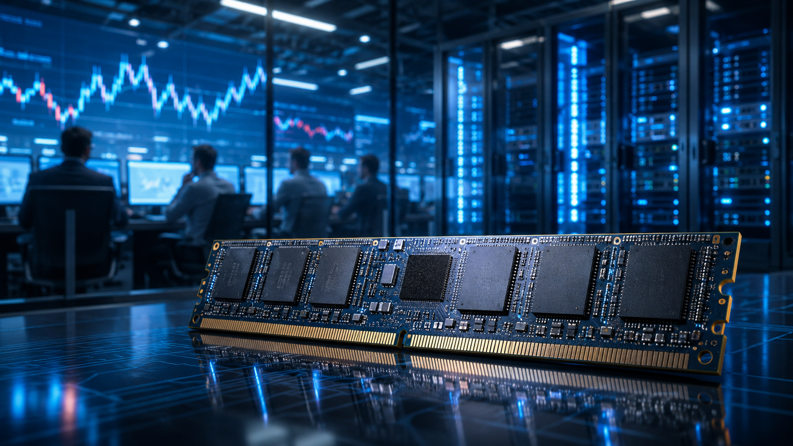 A high-performance memory chip module sits in front of blue-lit data-center servers and blurred analysts watching abstract market charts.