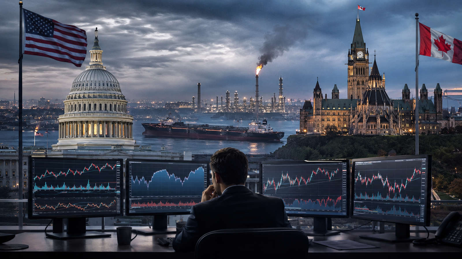 Investor monitors market charts while U.S. and Canadian political landmarks, flags, oil infrastructure, and a tanker symbolize geopolitical and trade risks affecting financial markets.