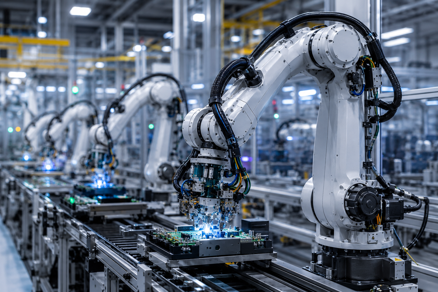 Photorealistic industrial factory floor with advanced robotic arms assembling electronic components on an automated production line.