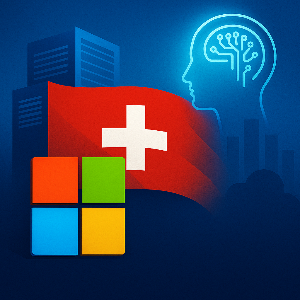 Illustration of Microsoft logo, Swiss flag, AI head icon, and data centers symbolizing cloud infrastructure investment.