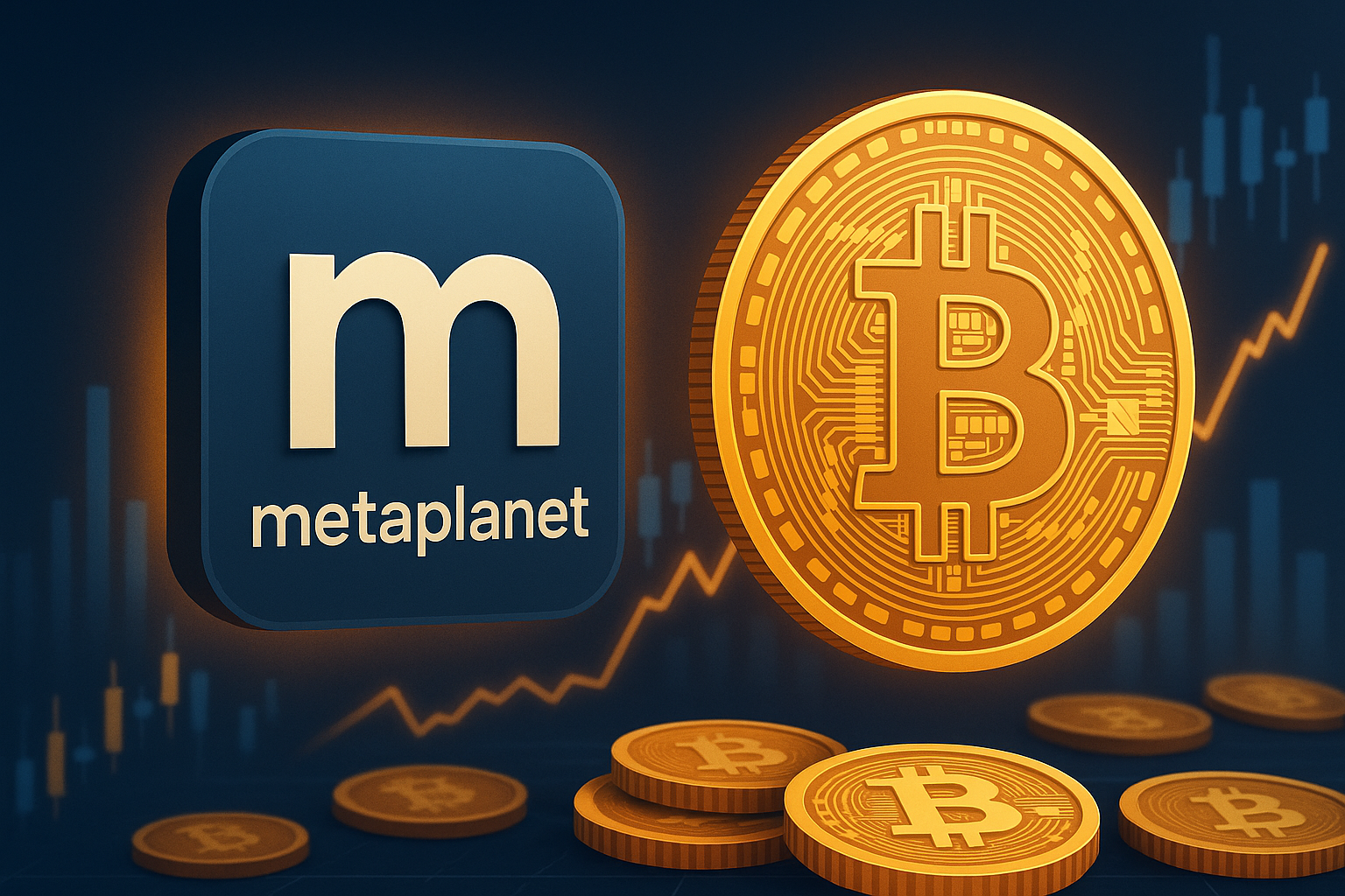 Digital illustration showing the Metaplanet logo alongside a large Bitcoin symbol, surrounded by rising financial charts and glowing coins.