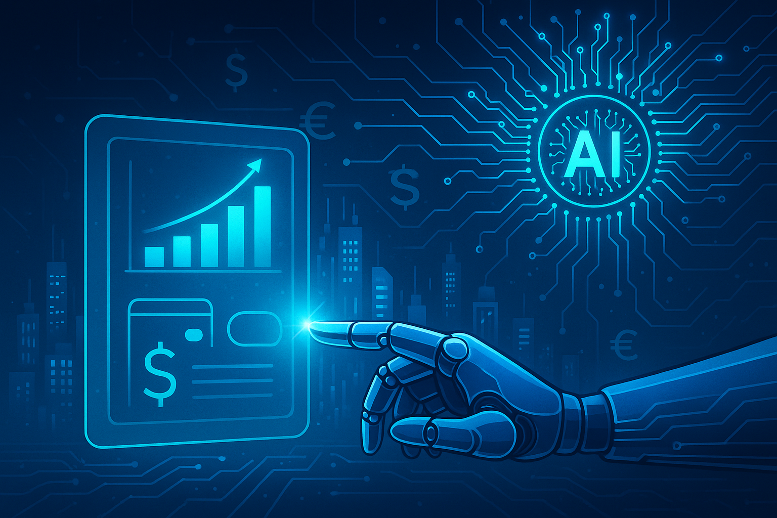 Robotic hand interacting with a glowing financial interface in a futuristic city, with digital circuitry and an AI symbol representing artificial intelligence’s integration into fintech.