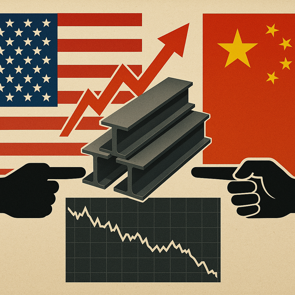 Illustration showing U.S. and China flags with steel beams, a rising red arrow, and a stock market chart to symbolize trade tensions and tariff increases.
