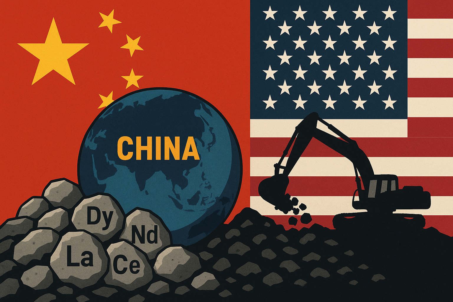 Illustration showing China's dominance in rare earth metals with Chinese and U.S. flags, an Earth labeled “CHINA,” and a mining excavator loading rare earth-labeled rocks like Nd, Dy, and La.