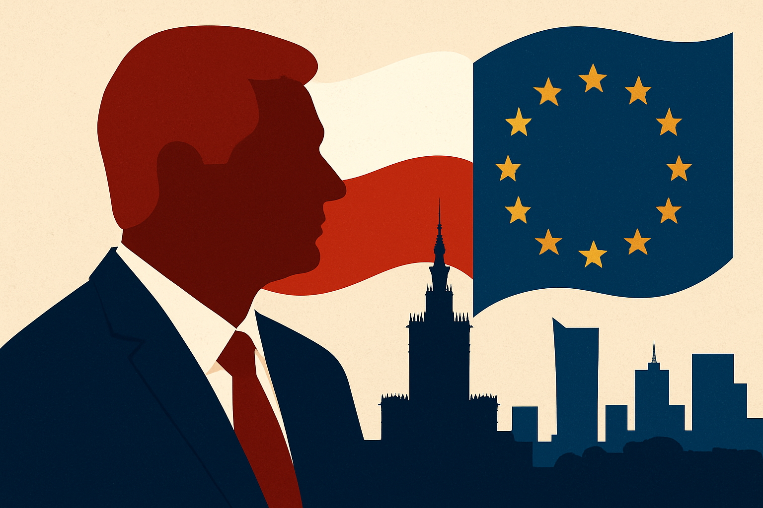 Illustration of Karol Nawrocki in silhouette with Polish and EU flags and the Warsaw skyline in the background.