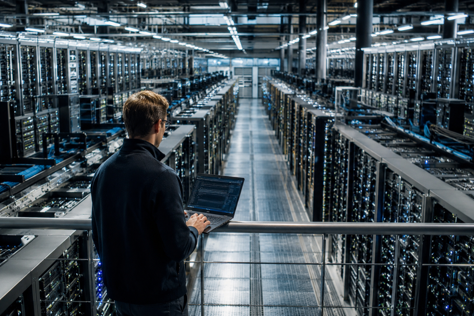 A technology worker with a laptop overlooks rows of servers inside a large modern data center.