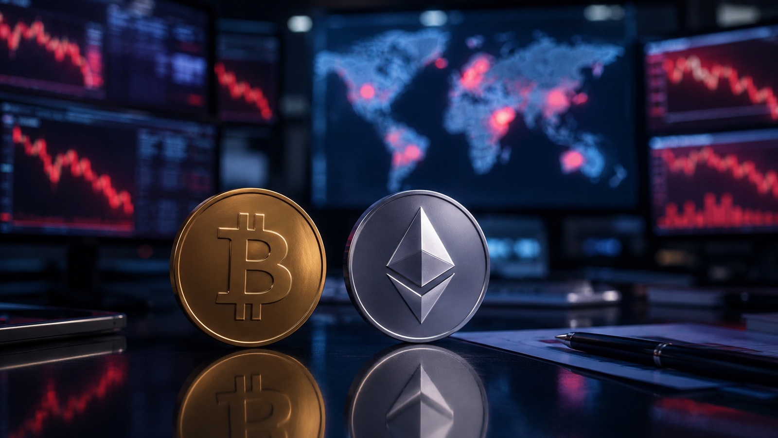 Bitcoin and Ethereum coins on a trading desk with red market charts and a glowing world map in the background.