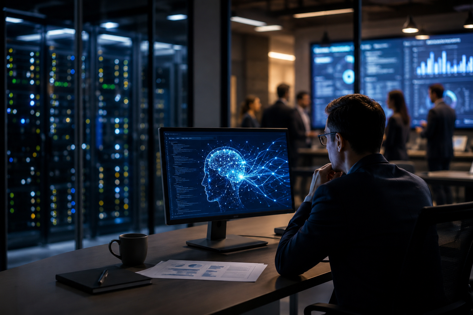 A business professional studies an artificial intelligence interface in a modern office beside a server room and financial analysis screens.