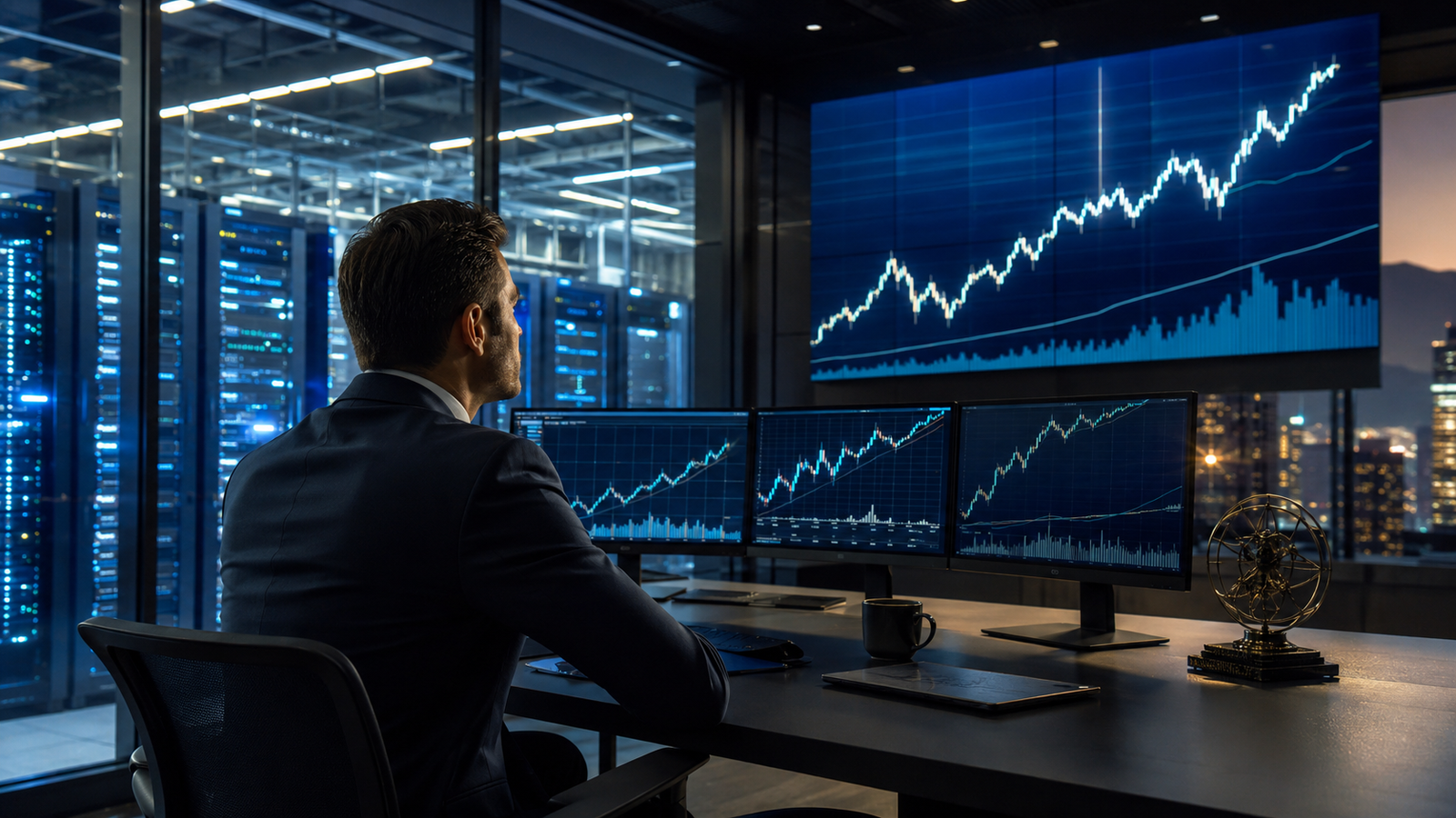 A financial professional watches rising stock market charts in a modern trading office beside a brightly lit data center.