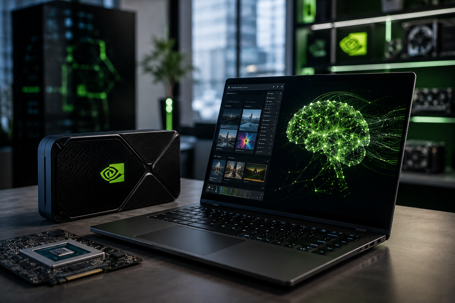 A high-performance laptop displays an artificial intelligence visualization beside advanced computer chips and a graphics processor in a modern tech workspace.