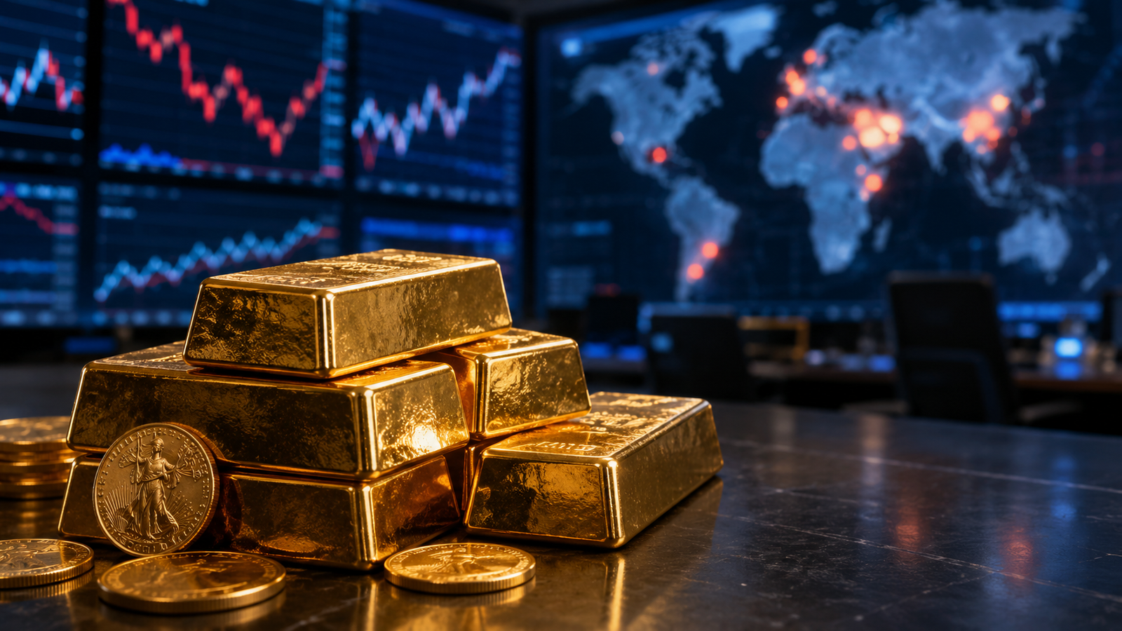 Gold bars and coins sit on a financial trading desk with market charts and a global risk map in the background.