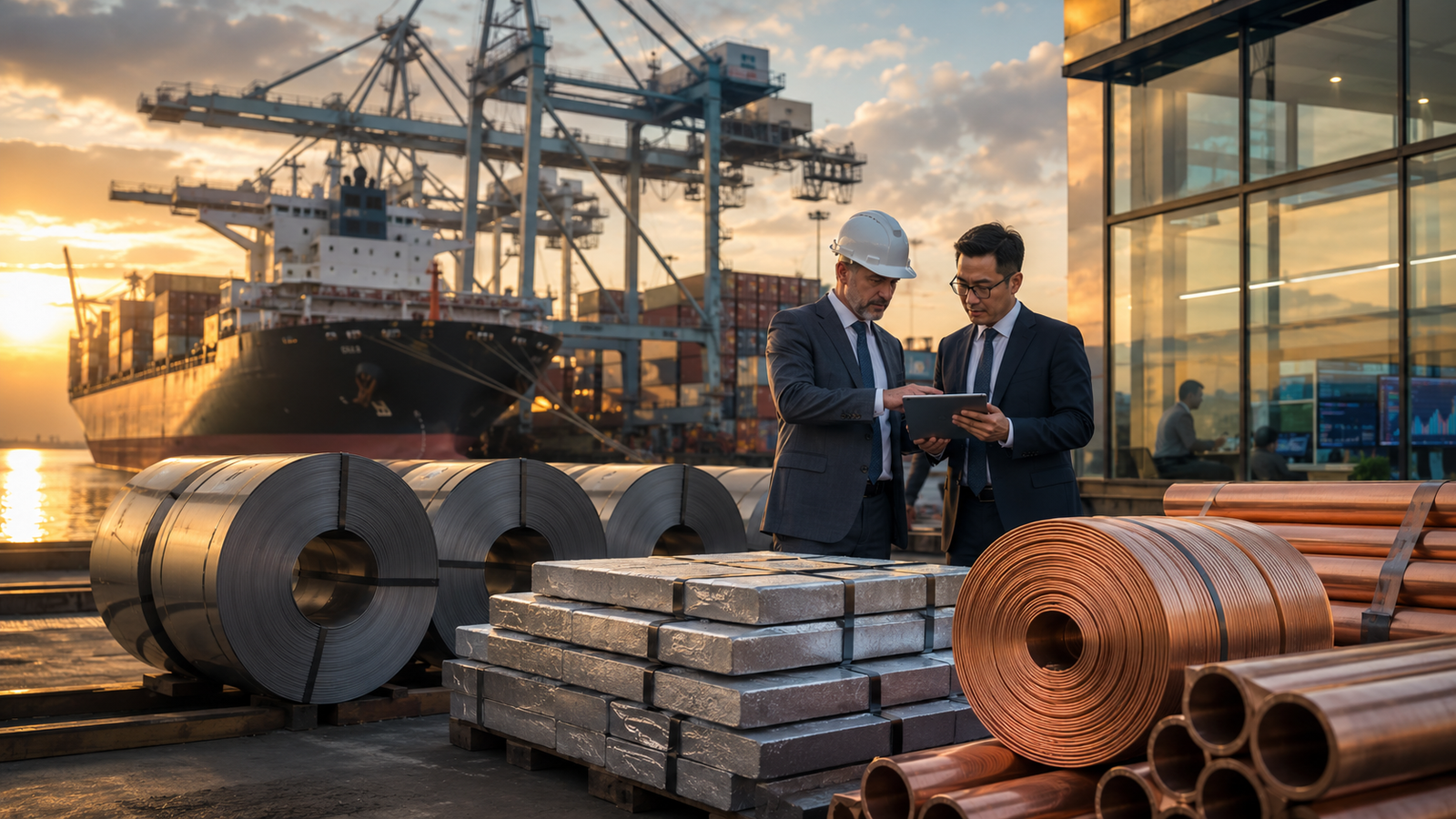 Business professionals review a tablet near steel coils, aluminum ingots and copper materials at a busy shipping port.