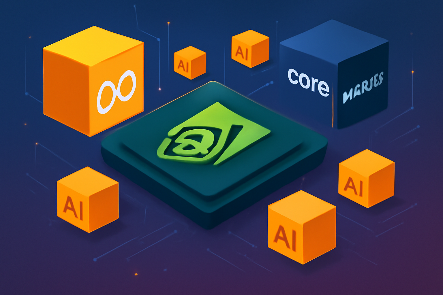 Futuristic digital illustration of the Nvidia logo surrounded by AI and tech cubes symbolizing startups like CoreWeave and Meta.