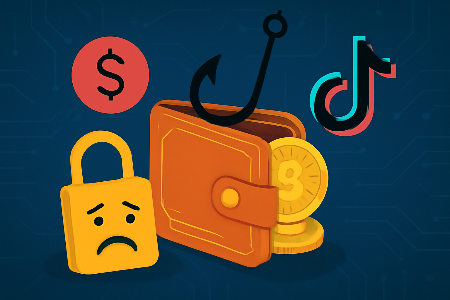 A digital illustration of a hardware wallet with a phishing hook, a sad padlock, and the Douyin logo indicating a crypto scam.
