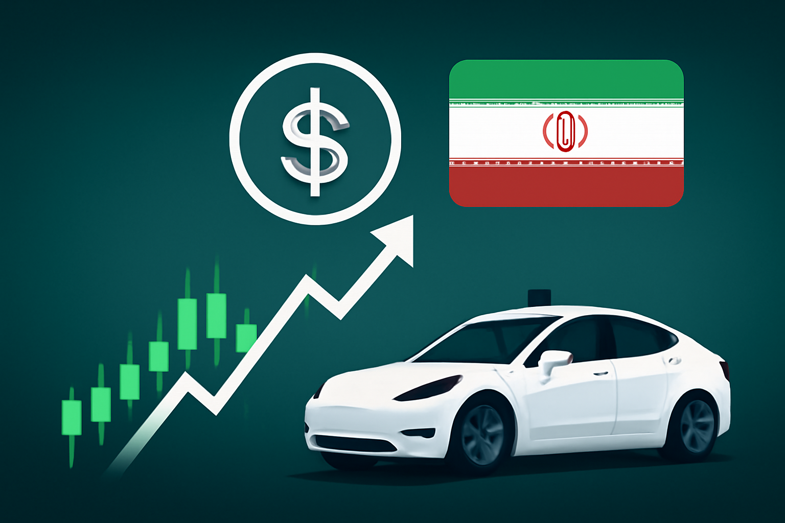 A white autonomous car beside an upward stock chart, a dollar sign, and the Iranian flag on a teal background.