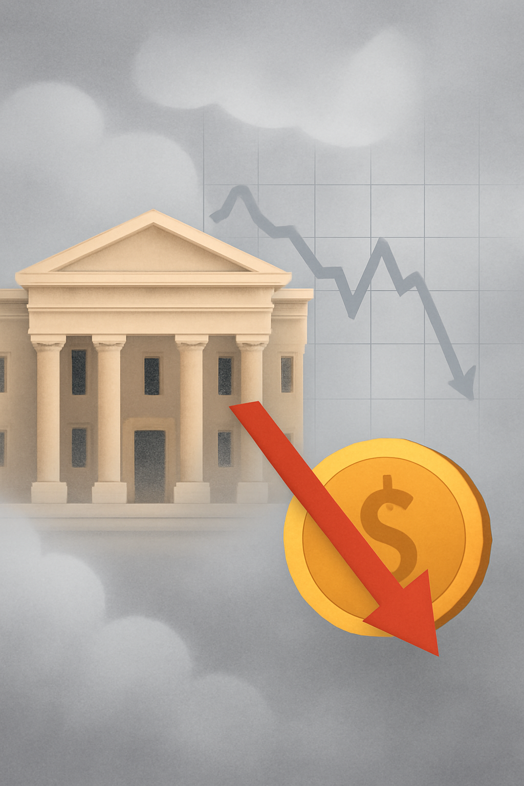 A classical government building veiled in fog, with a declining graph, a dollar coin, and a red arrow pointing downward.
