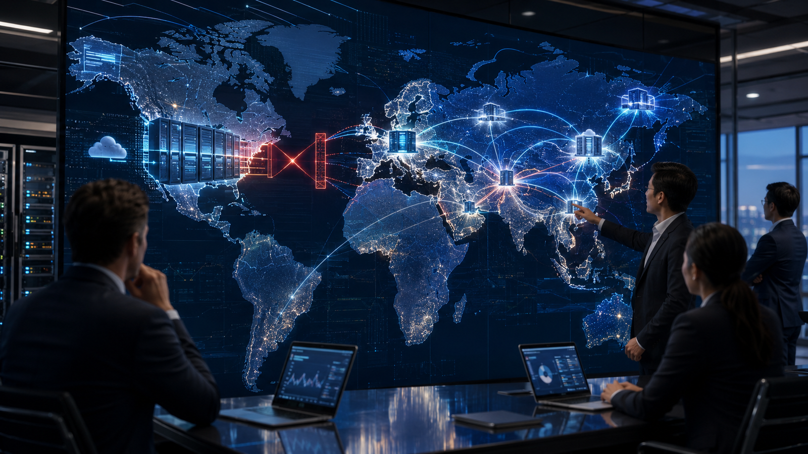 Business executives analyze a glowing world map showing AI data routes, server hubs, and diversified technology infrastructure across global regions.