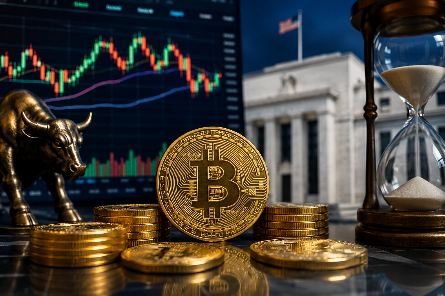 A gold Bitcoin coin sits among stacked cryptocurrency coins, with a bull statue, trading chart, Federal Reserve building, U.S. flag, and hourglass in the background.