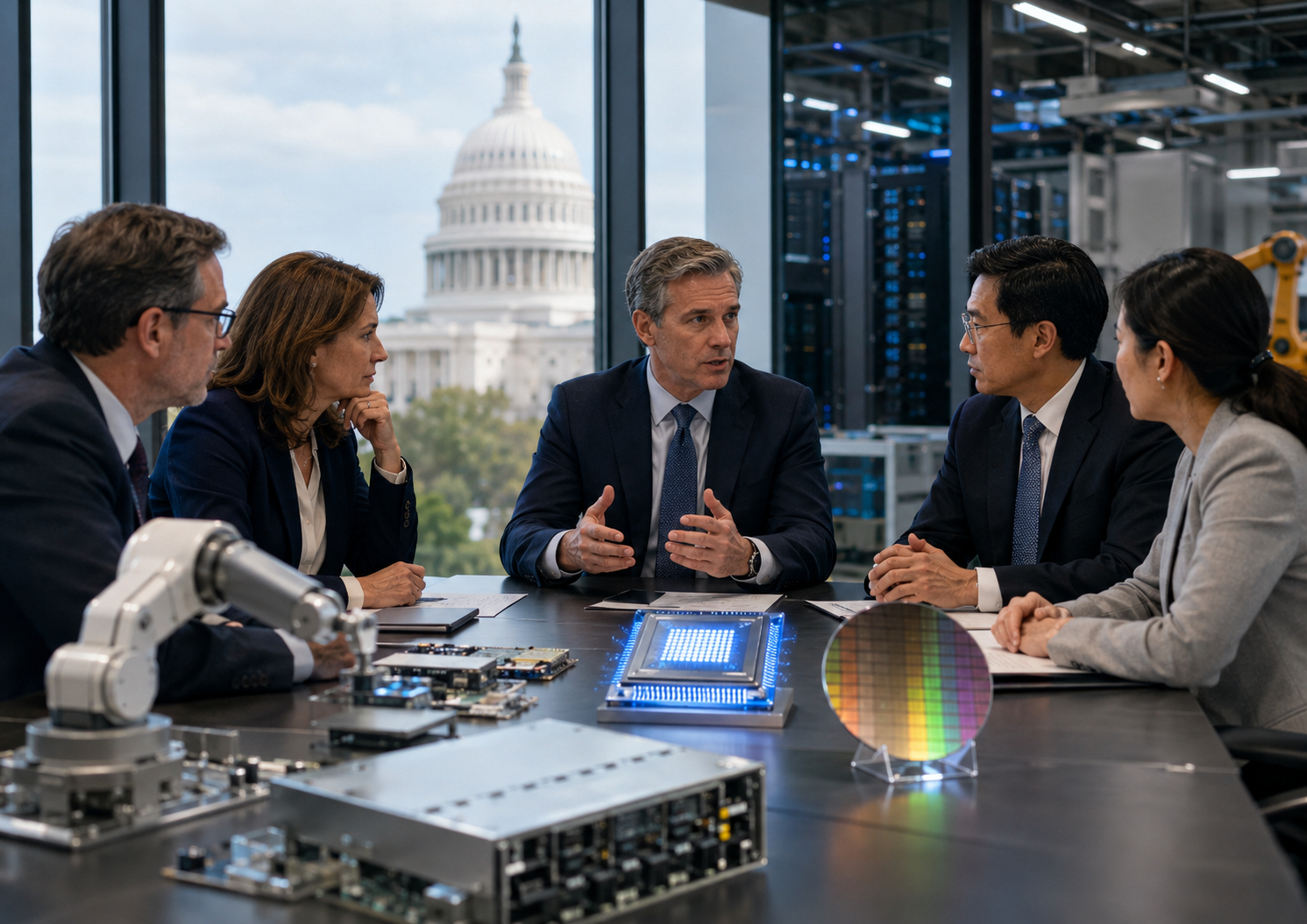 Government and business leaders discuss semiconductor chips, AI infrastructure, robotics, and advanced manufacturing with the U.S. Capitol visible in the background.