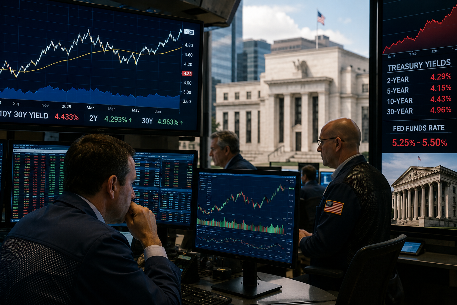 Traders monitor Treasury yield charts, stock market data, and Federal Reserve imagery inside a busy Wall Street trading office.