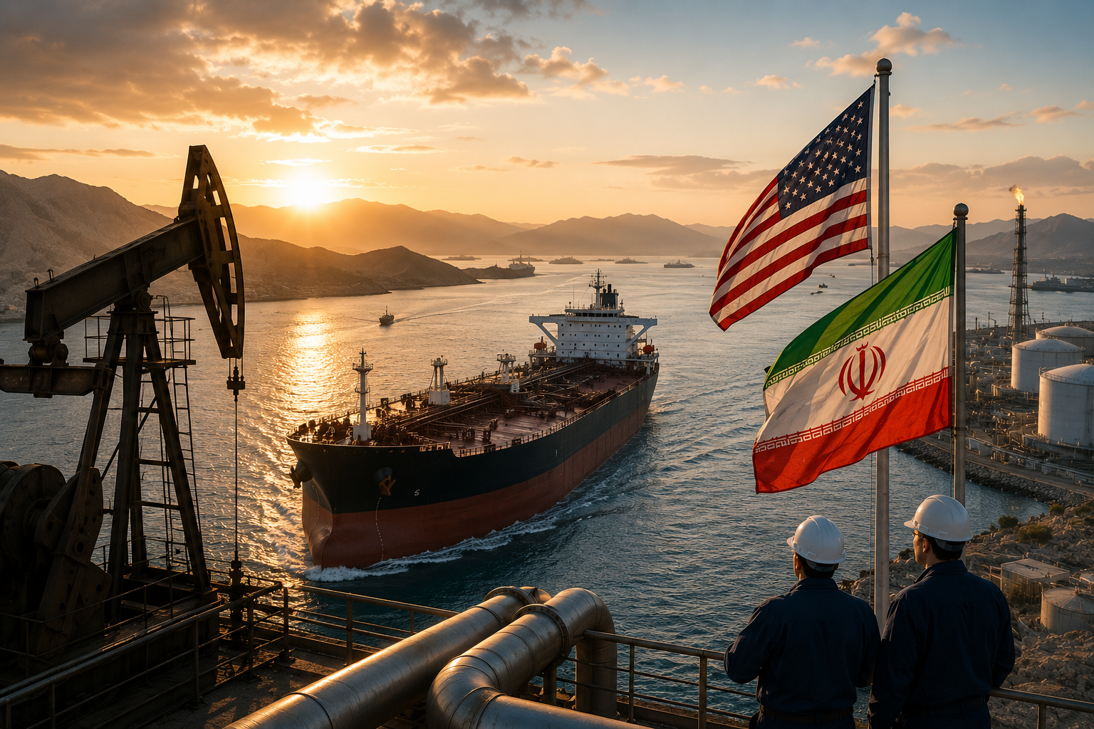 An oil tanker moves through a narrow maritime channel near energy infrastructure as U.S. and Iranian flags fly beside workers overlooking the water.