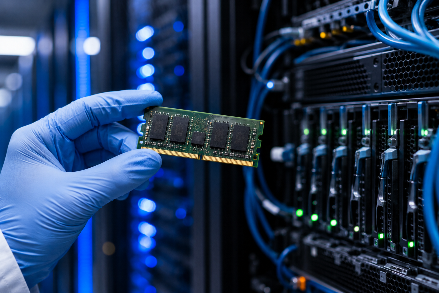 A gloved technician holds a computer memory chip in front of glowing server racks inside a modern data center.