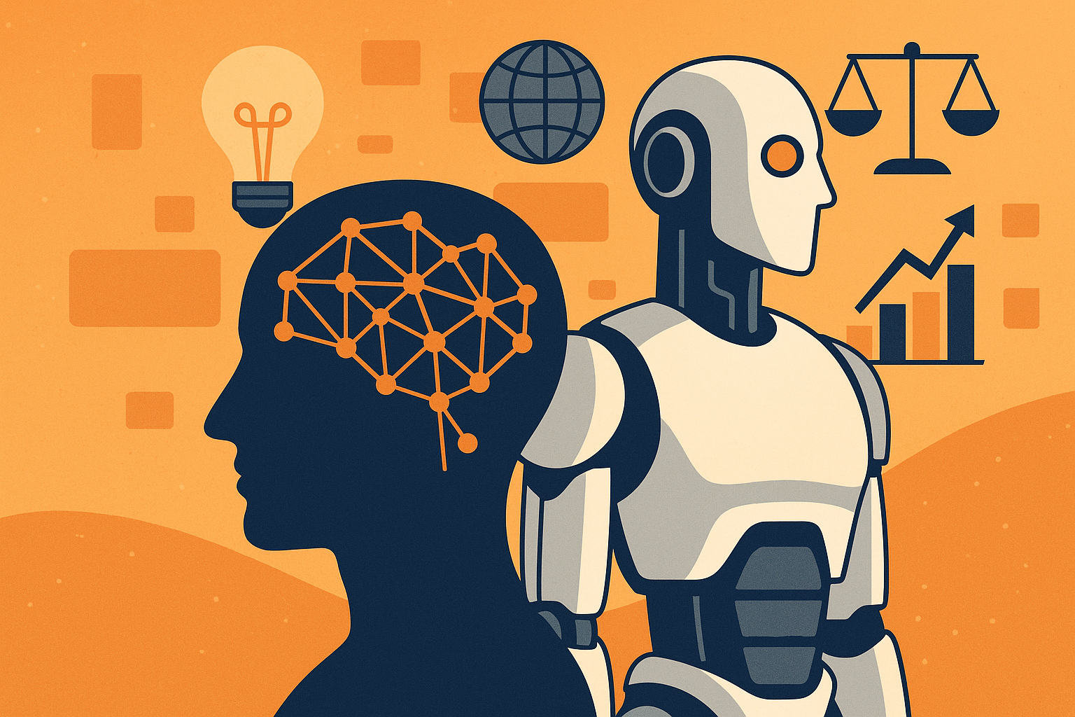 Modern illustration of a human profile with neural network connections beside a humanoid robot, symbolizing AI’s role in industry transformation
