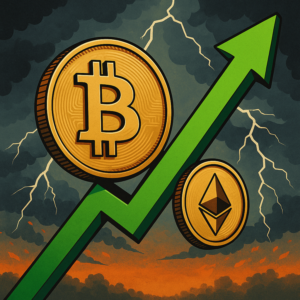 Illustration of a large Bitcoin and a smaller Ethereum coin rising on a green arrow against a stormy sky with lightning bolts.
