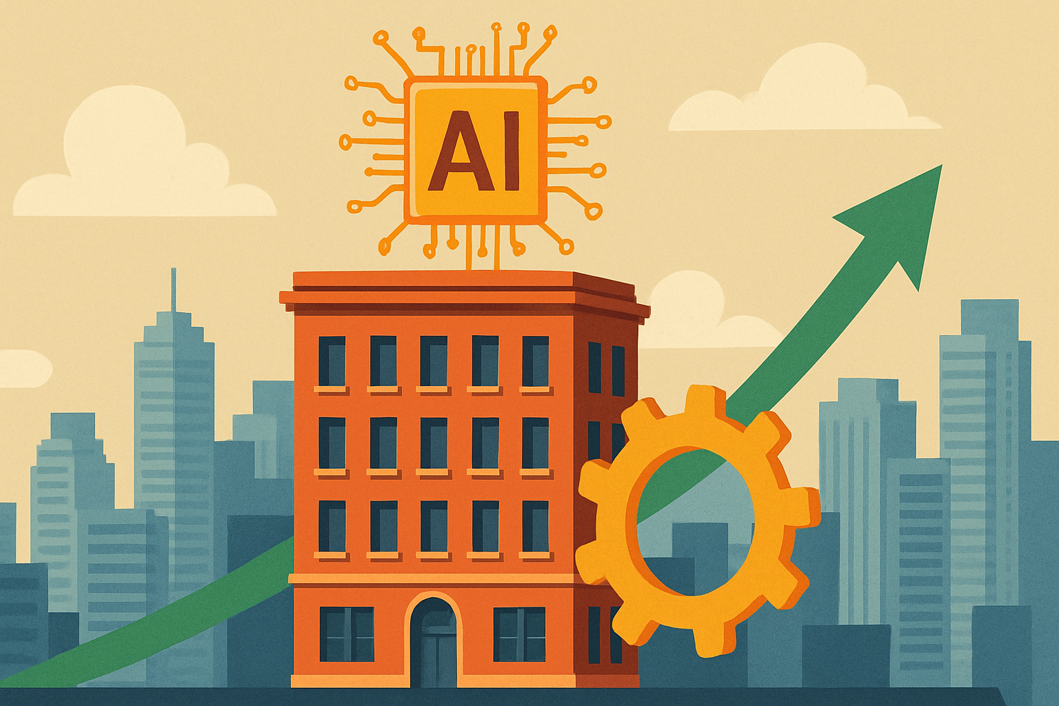 Illustration of an orange-red building with a glowing AI chip on the roof, a large gear, and a green upward arrow, set against a futuristic city skyline.