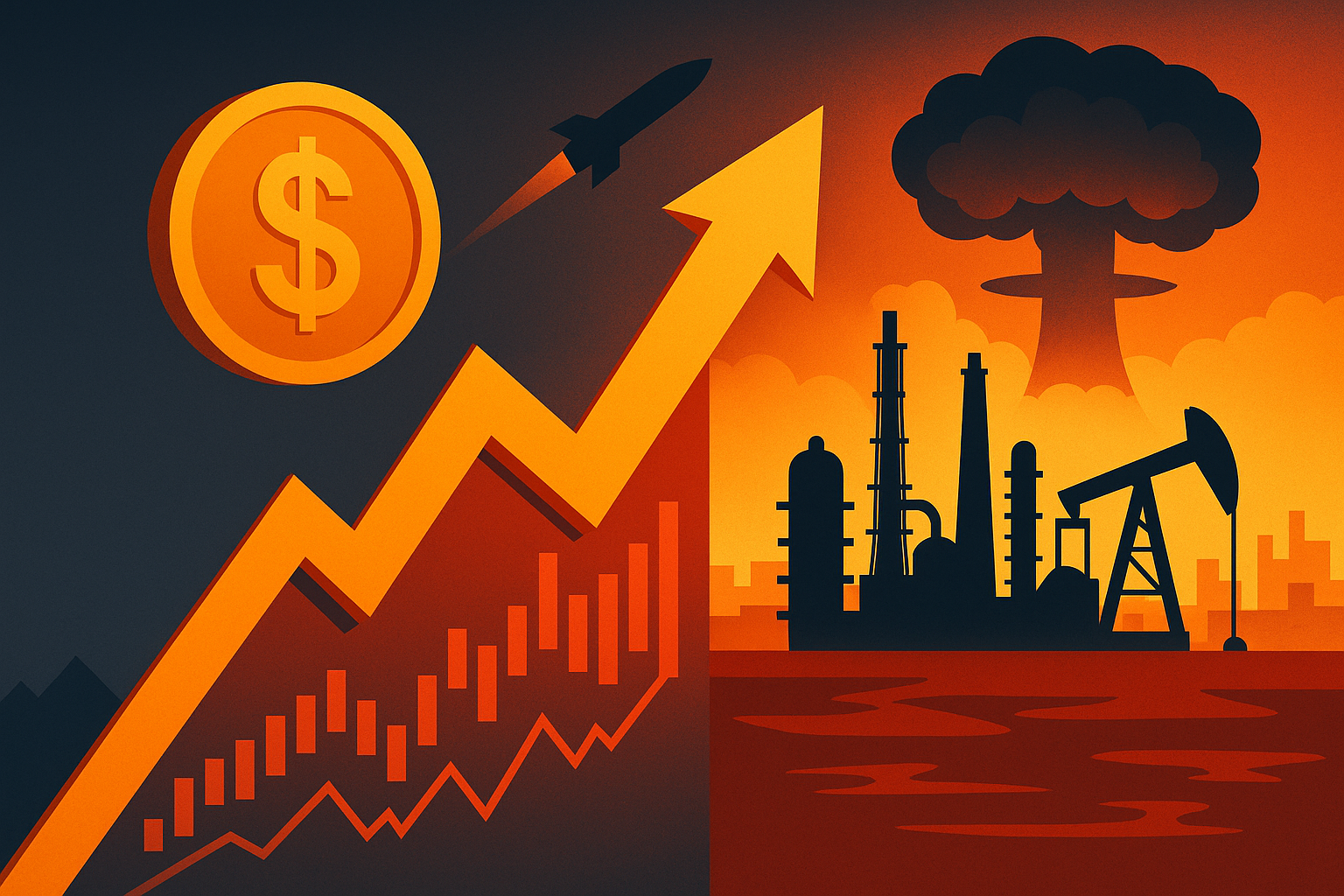 An illustrated graphic depicting rising oil prices, market volatility, and geopolitical conflict, with oil refineries, missile, dollar sign, and a nuclear explosion.