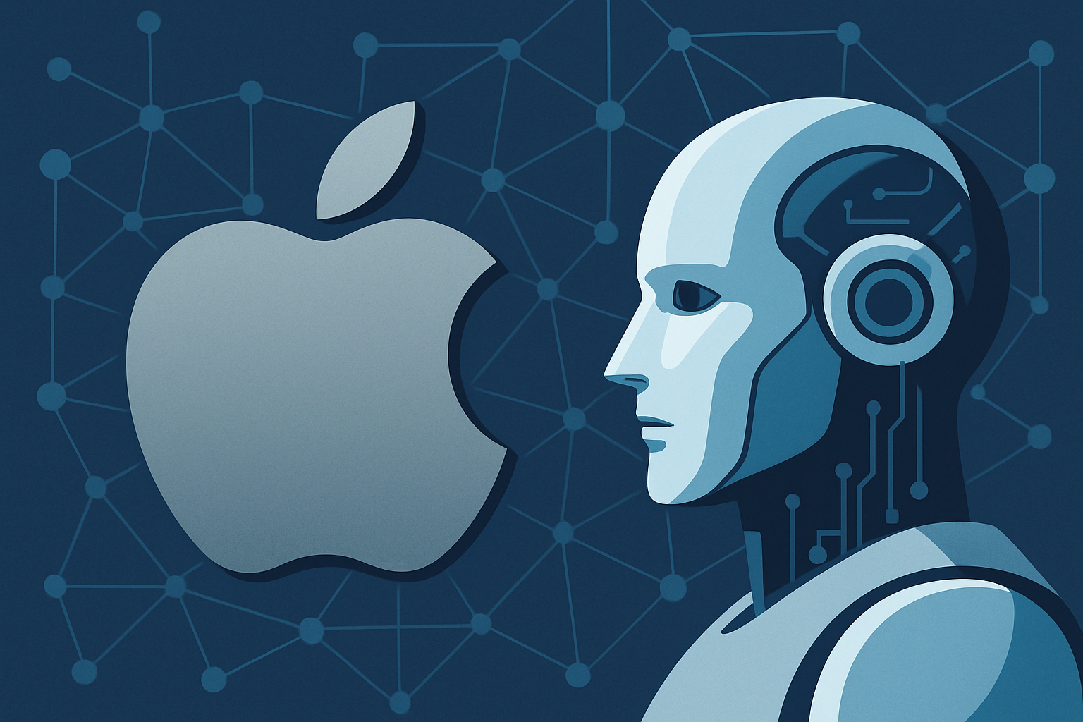 A humanoid robot head facing the Apple logo with a digital neural network background