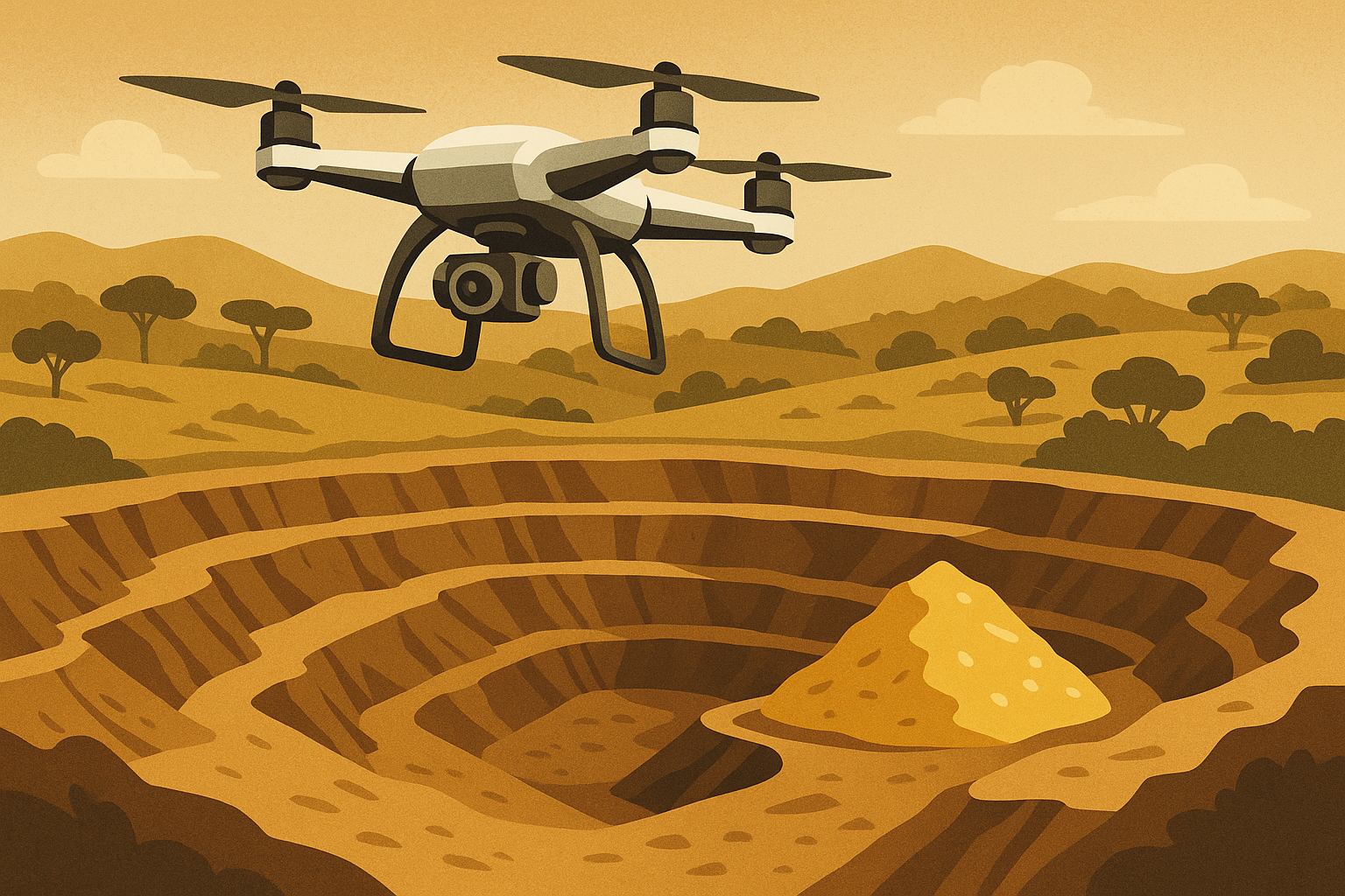 A quadcopter drone flying above a large open-pit gold mine surrounded by a rural, hilly landscape