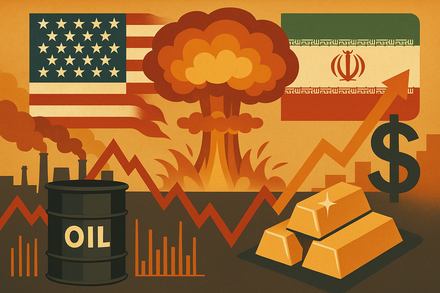 Illustration showing U.S. and Iranian flags, a nuclear explosion, oil barrel, gold bars, and rising market indicators symbolizing geopolitical and economic tension.