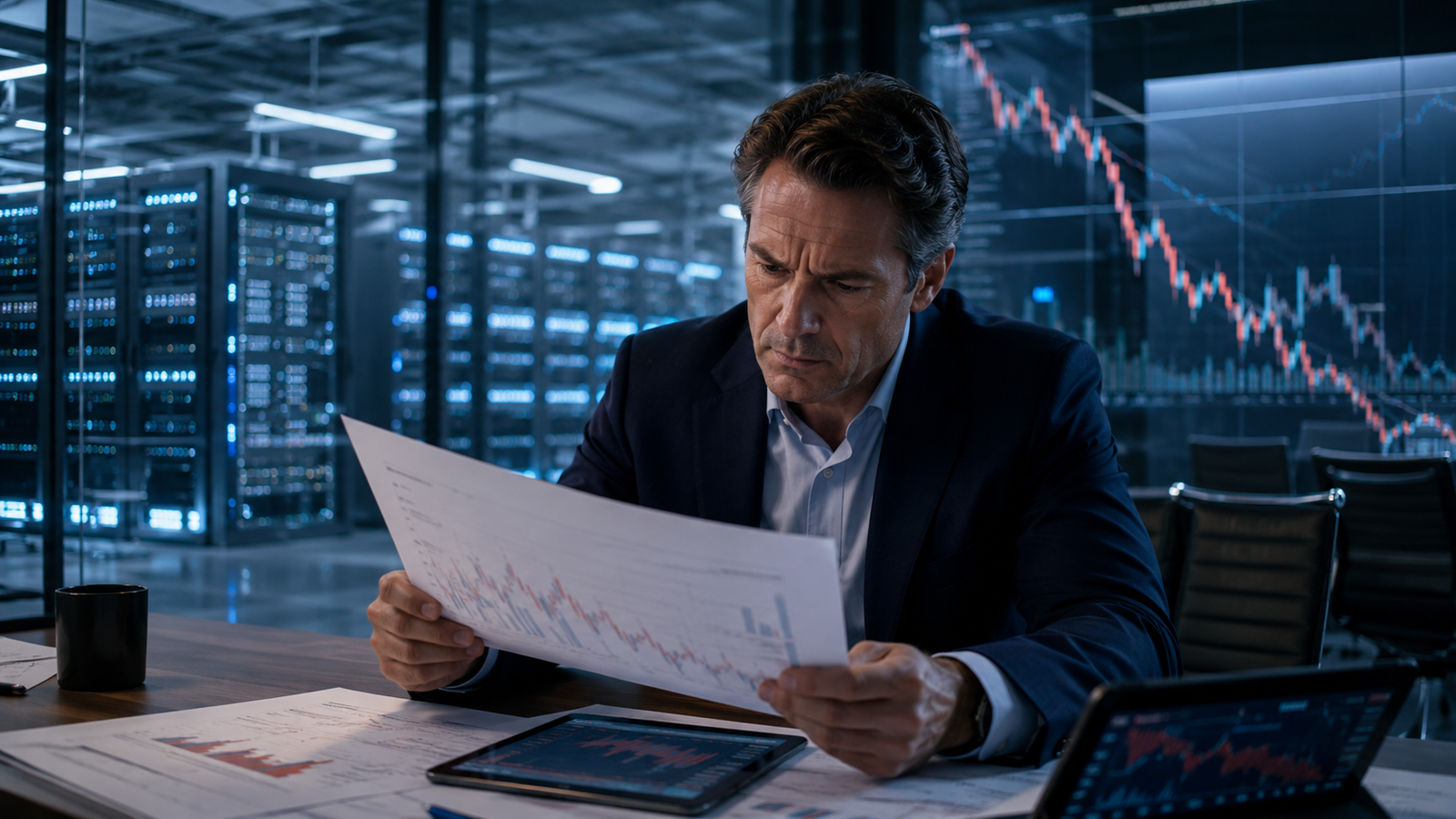 A financial analyst reviews investment charts in front of glowing data center servers and market graph screens, symbolizing investor scrutiny of AI infrastructure spending.