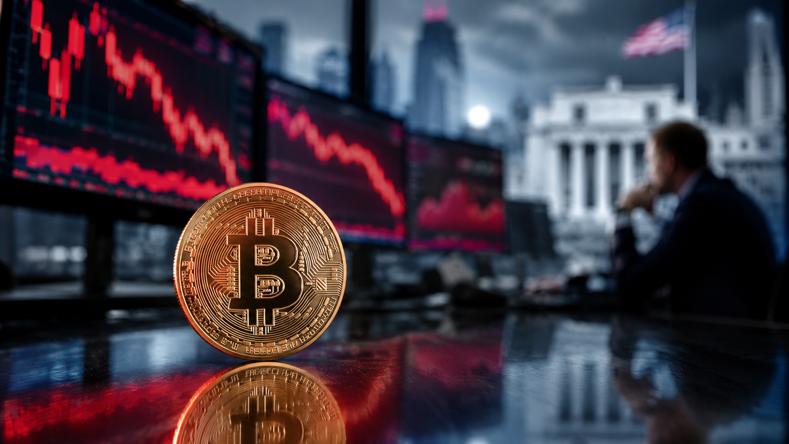A gold Bitcoin coin on a trading desk with red downward market charts in the background, symbolizing crypto market pressure from rising interest rate expectations.