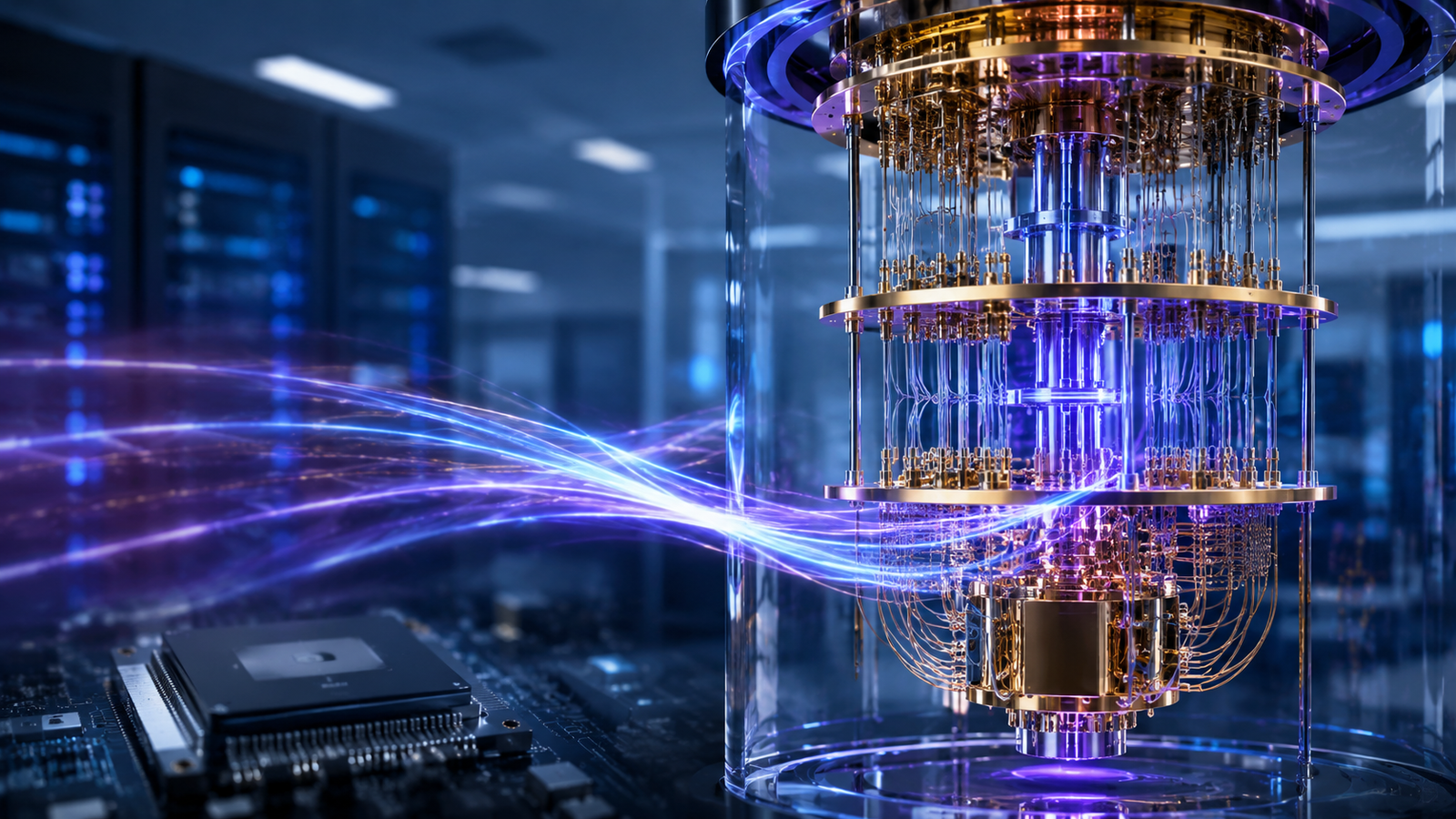 A photorealistic quantum computer in a high-tech lab with blue and purple light streams flowing from traditional computing hardware toward the quantum system.