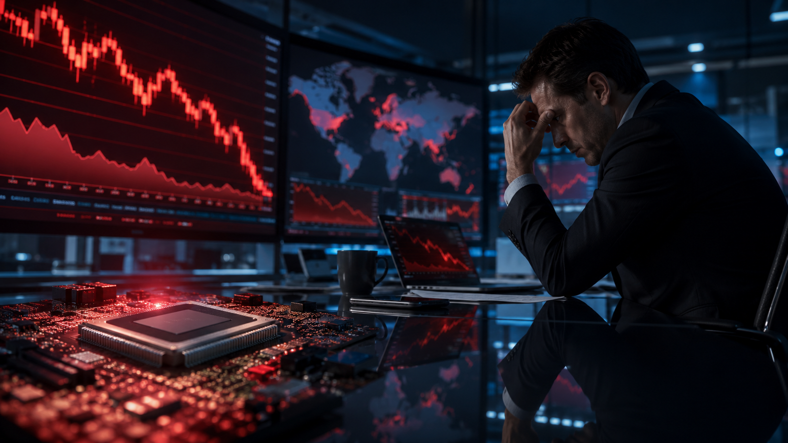 A worried trader sits in front of red falling market charts and global financial screens, with a semiconductor chip on a trading desk symbolizing pressure on technology and growth stocks.