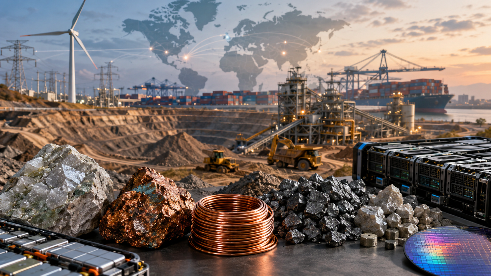 Critical mineral rocks, copper coils, battery components, and semiconductor hardware are shown in front of an open-pit mine, processing facility, wind turbine, shipping port, and global supply-chain map.