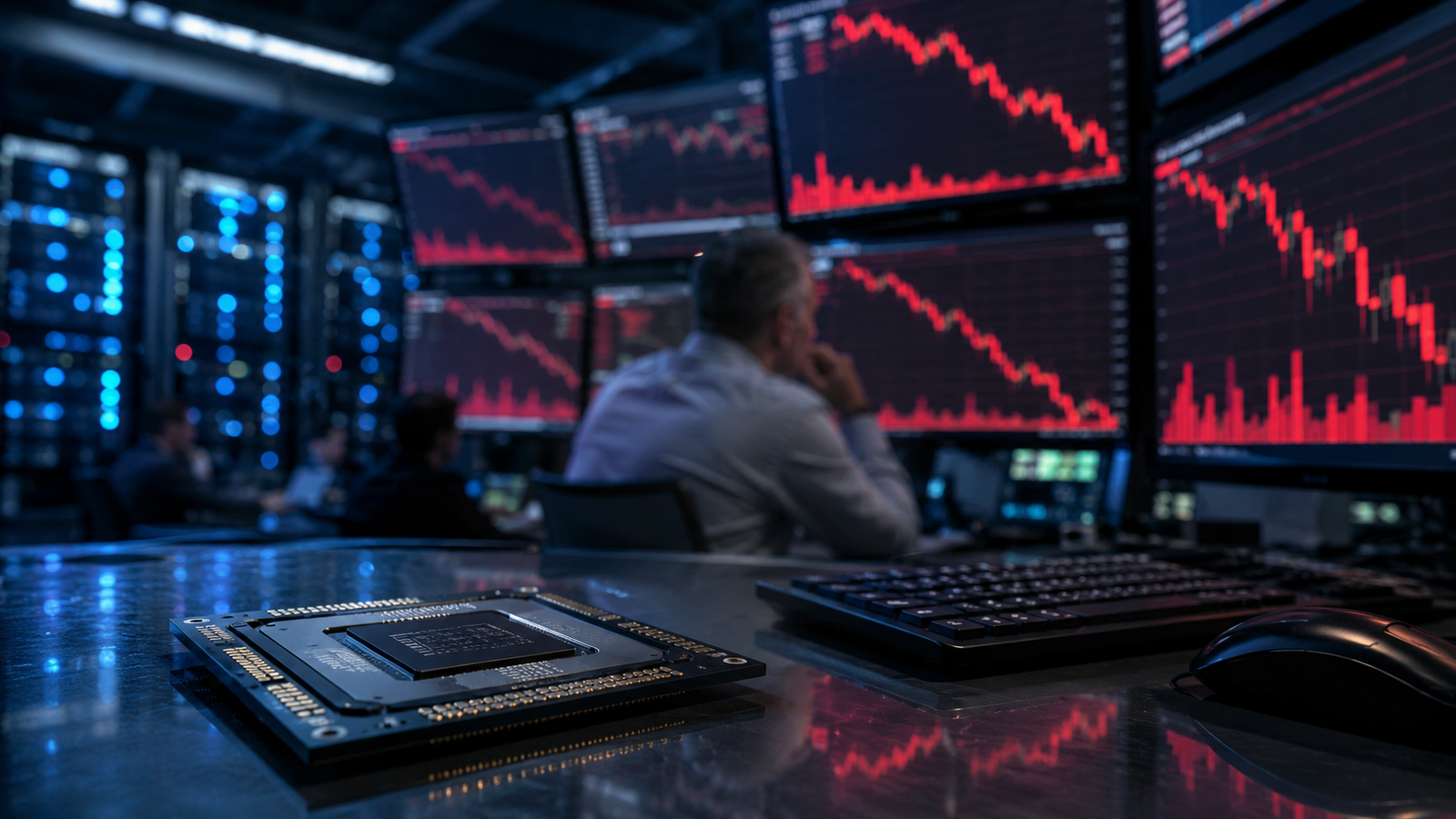 A semiconductor chip on a trading desk with red falling stock charts on multiple screens in the background, symbolizing a technology stock sell-off.