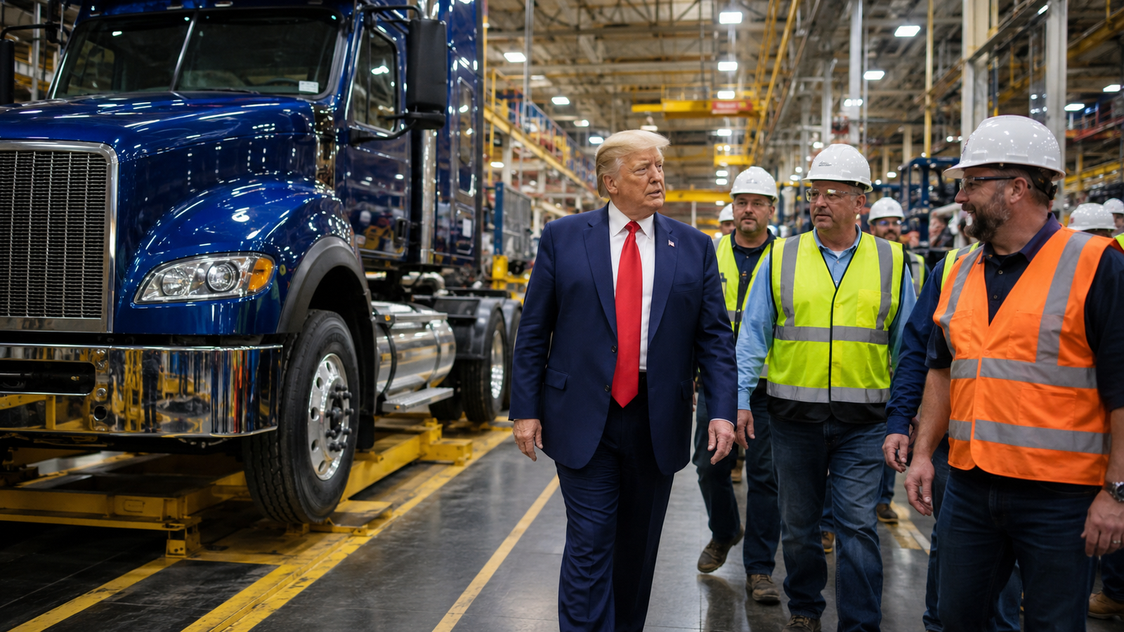 Donald Trump walking through a heavy-duty truck factory with workers in hard hats beside a large blue semi-truck.