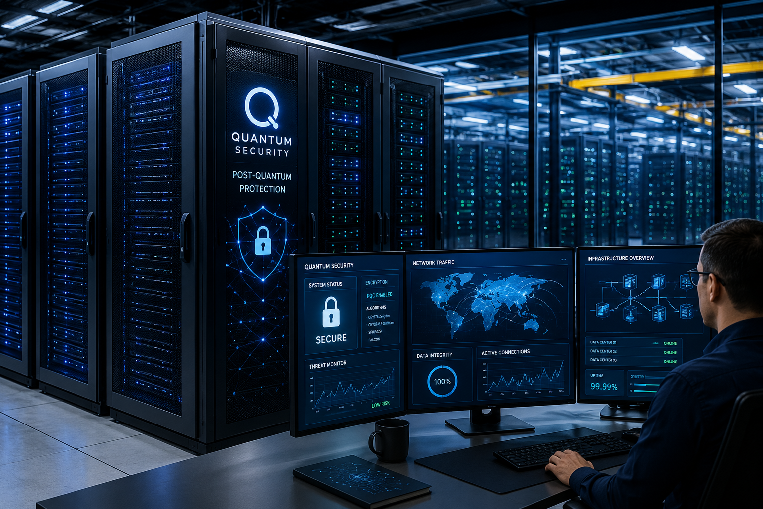 Modern enterprise data center with advanced servers, networking equipment, and cybersecurity monitoring systems.