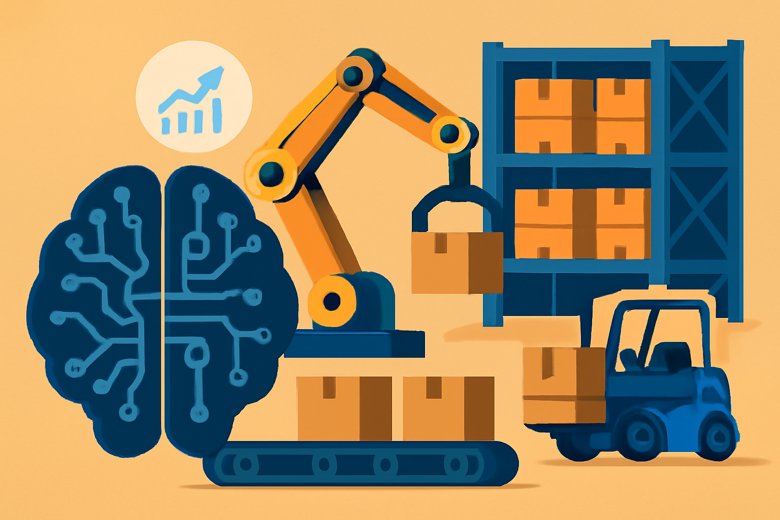 Isometric illustration showing an AI brain, robotic arm, conveyor belt, and forklift operating in a modern warehouse