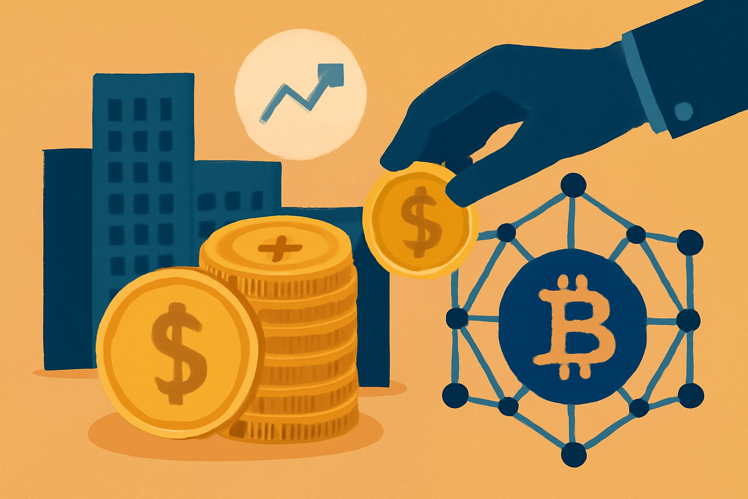 Symbolic digital illustration showing gold coins, corporate buildings, and a blockchain network with a Bitcoin symbol