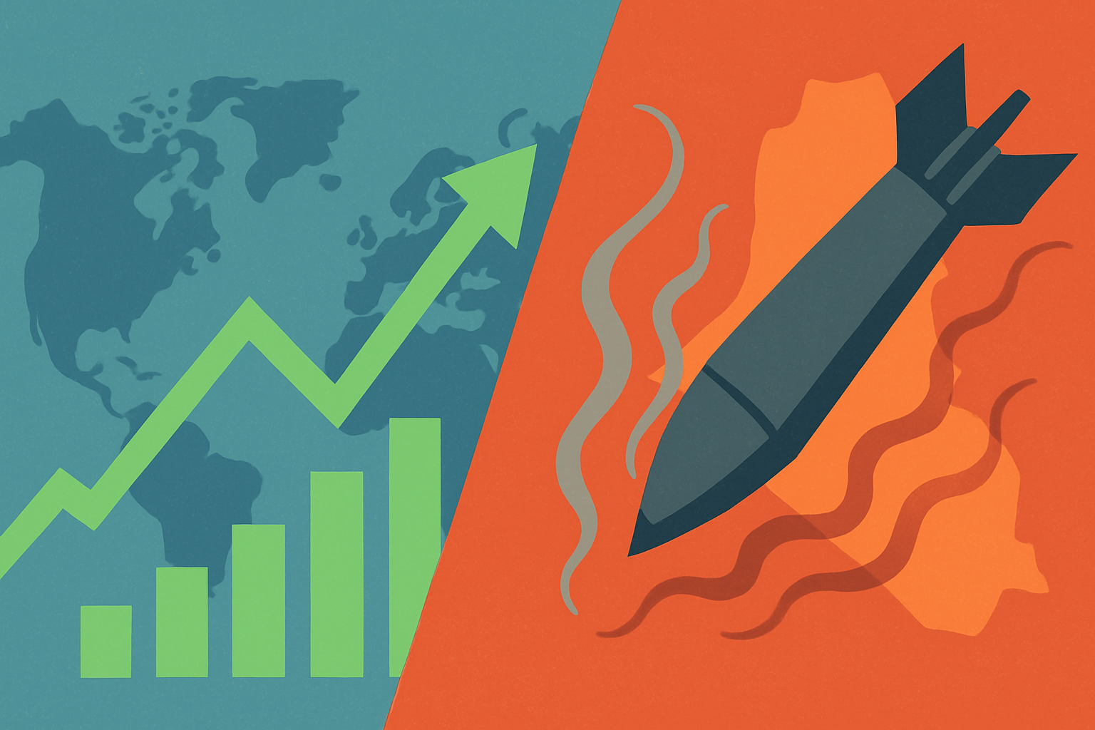 Split illustration showing a green rising stock chart over a world map on the left, and a missile with smoke over a red conflict zone on the right