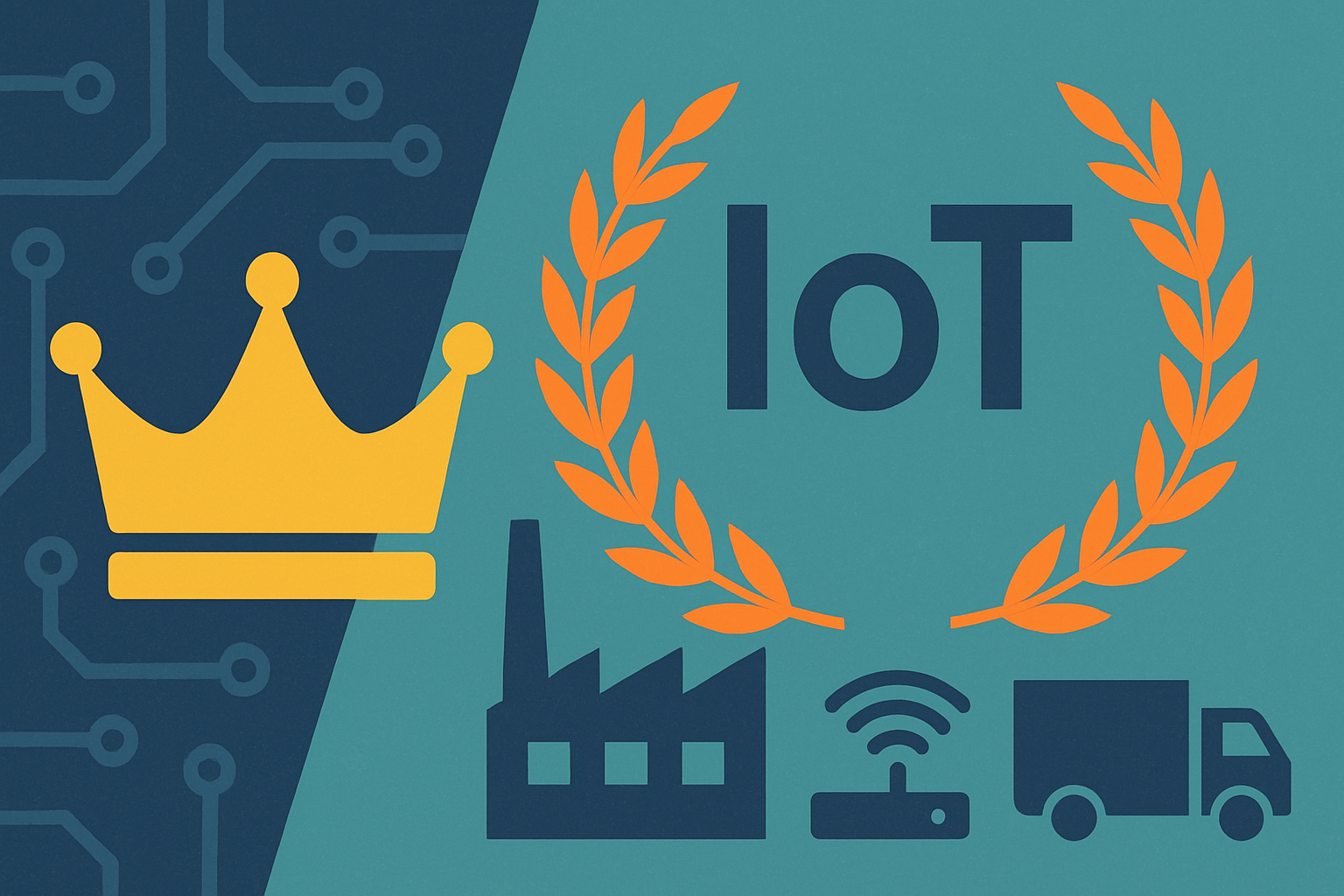 Vector-style image showing a golden crown, laurel wreath, and industrial icons representing smart factories, connectivity, and logistics, symbolizing leadership in Industrial IoT