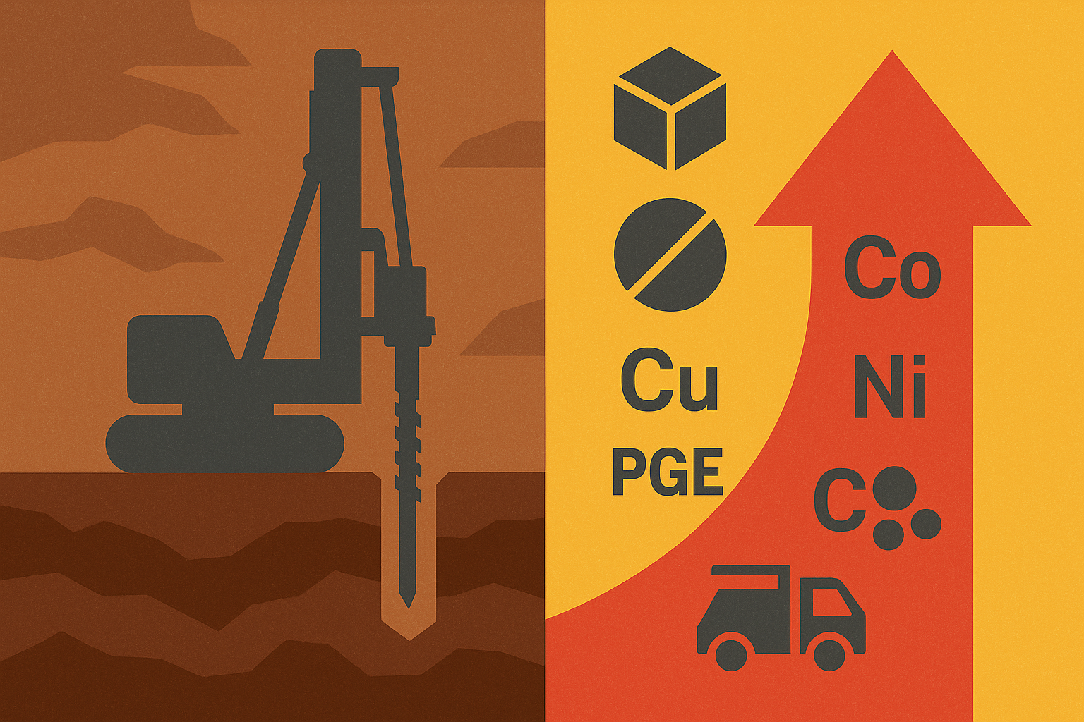 Illustration split in two: a dark drill rig operates in rocky terrain on the left, while a red upward arrow highlights rising demand for cobalt, nickel, copper, and PGEs on the right