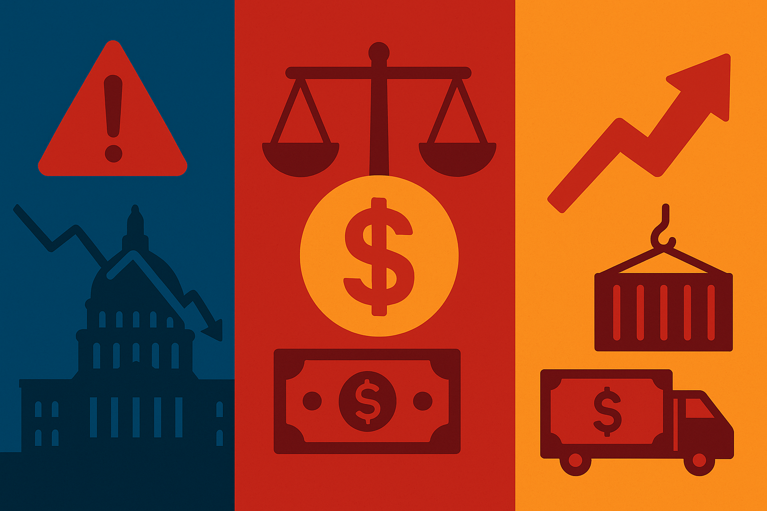 A stylized infographic split into three vertical panels illustrating economic and financial symbols: a government building with a downward arrow and warning sign, a balance scale with dollar signs and currency, and icons of trade and growth such as an upward graph, shipping container, and delivery truck.