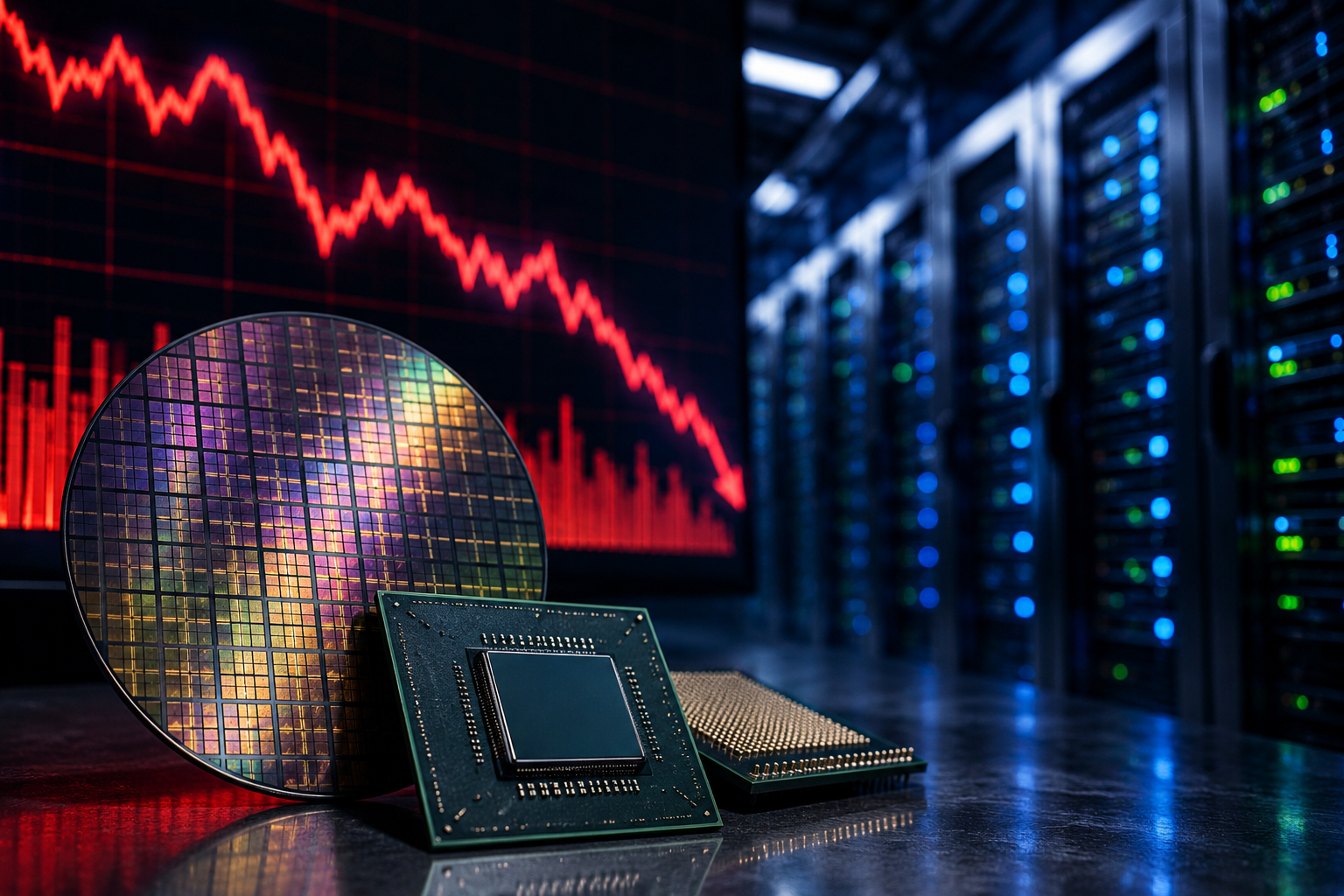 A silicon wafer and semiconductor chips sit in front of glowing server racks, with a red downward market chart in the background.