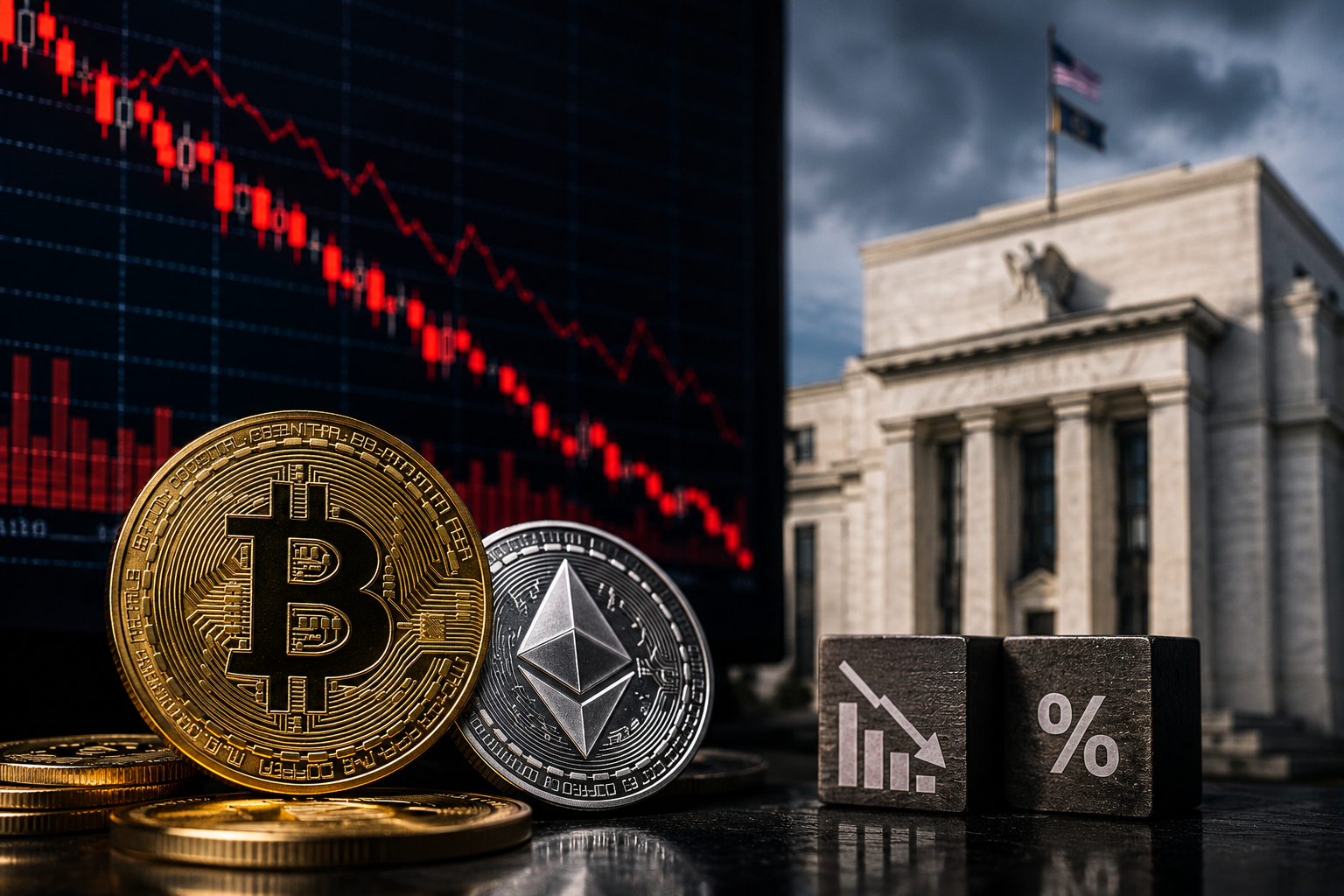 Bitcoin and Ethereum coins sit beside symbols of falling markets and interest rates, with a Federal Reserve-style building in the background.