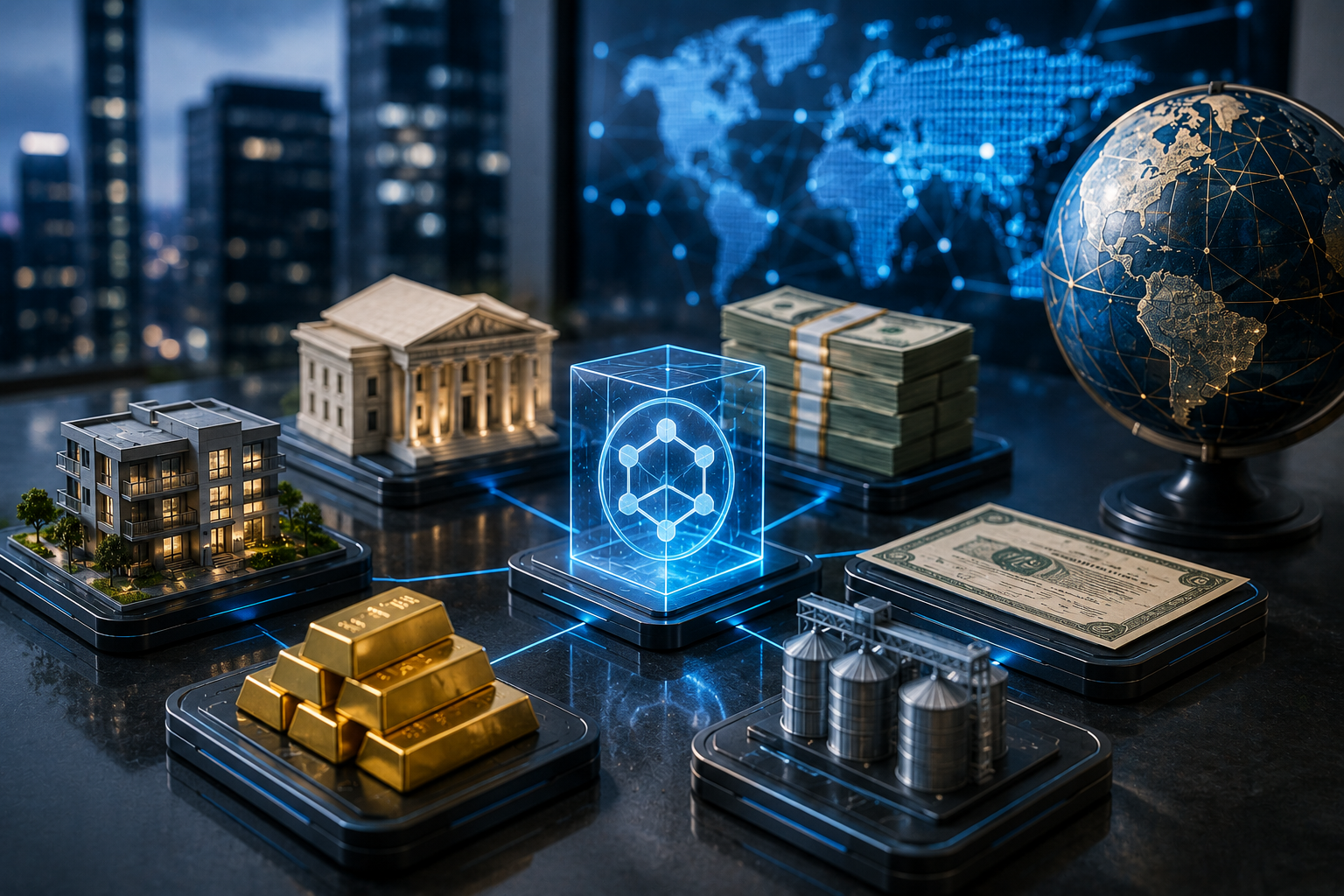 A glowing blockchain cube connects digital representations of real estate, bonds, cash, commodities, and global finance in a modern office setting.